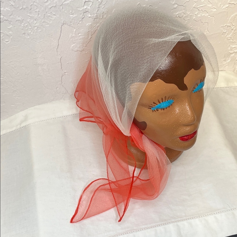 Vintage Sheer Gradient Two-Tone Red and White Nylon Chiffon Scarf Headscarf